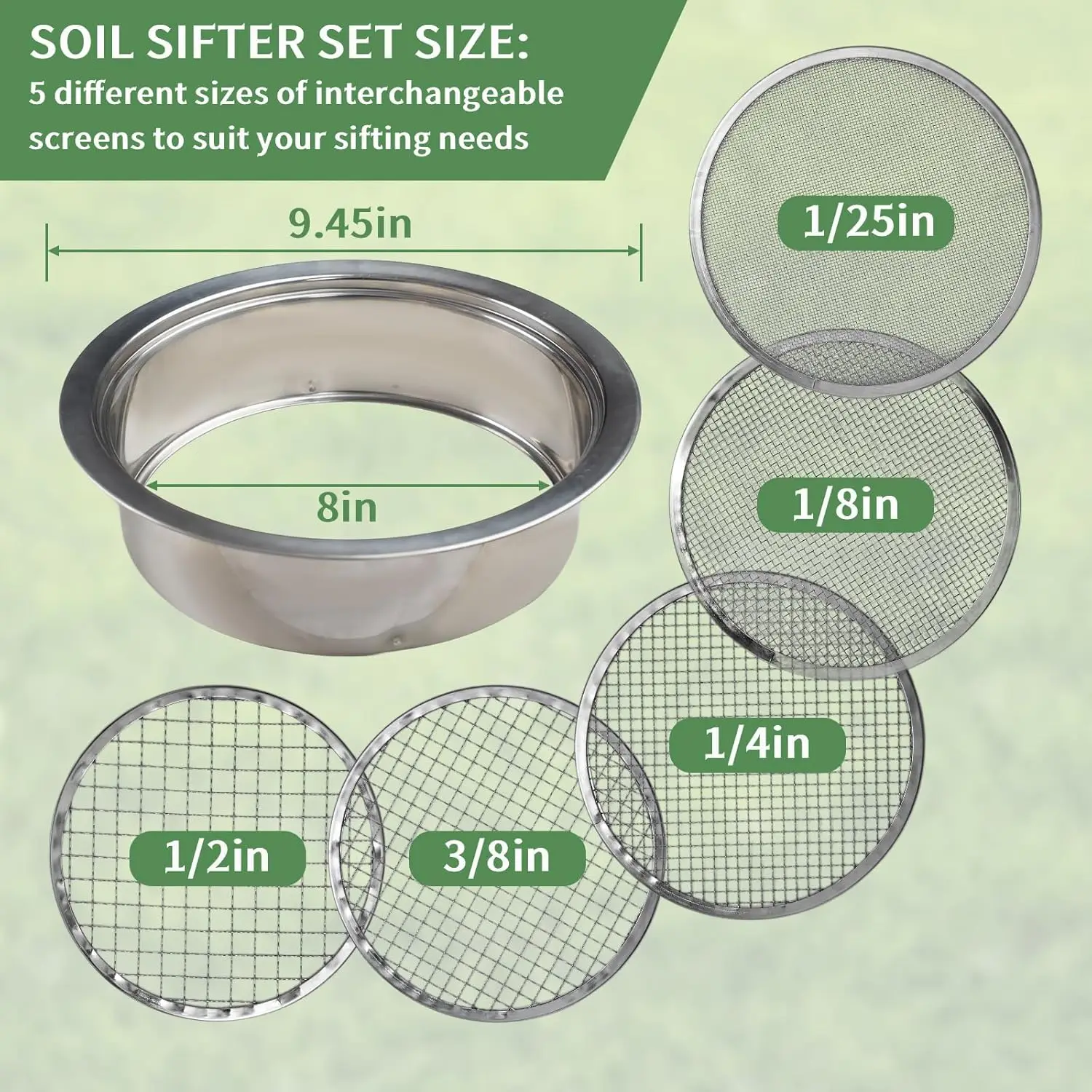 Ensemble de tamis à sol, tamis à sol de jardin, tamis à mailles en acier inoxydable, tamis à poteaux avec maille de tamis de 1,3,6,9,12mm et cuillère à sol pour bonsaï
