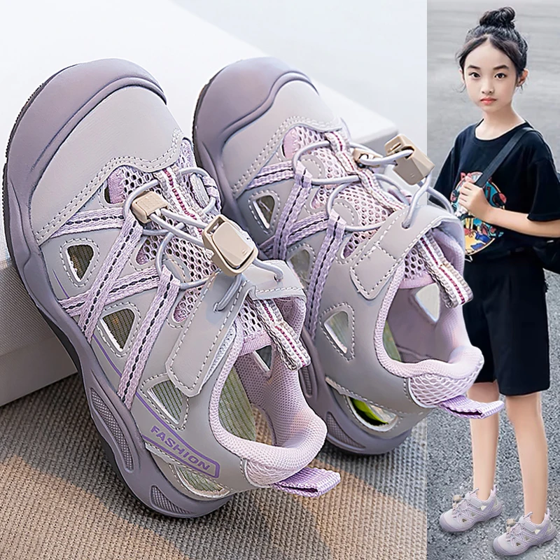 Toddler Girls Closed-Toe Sandals, Breathable Mesh Adjustable Strap Non-Slip Summer Shoes Girls,Casual Beach Sneakers for Kids