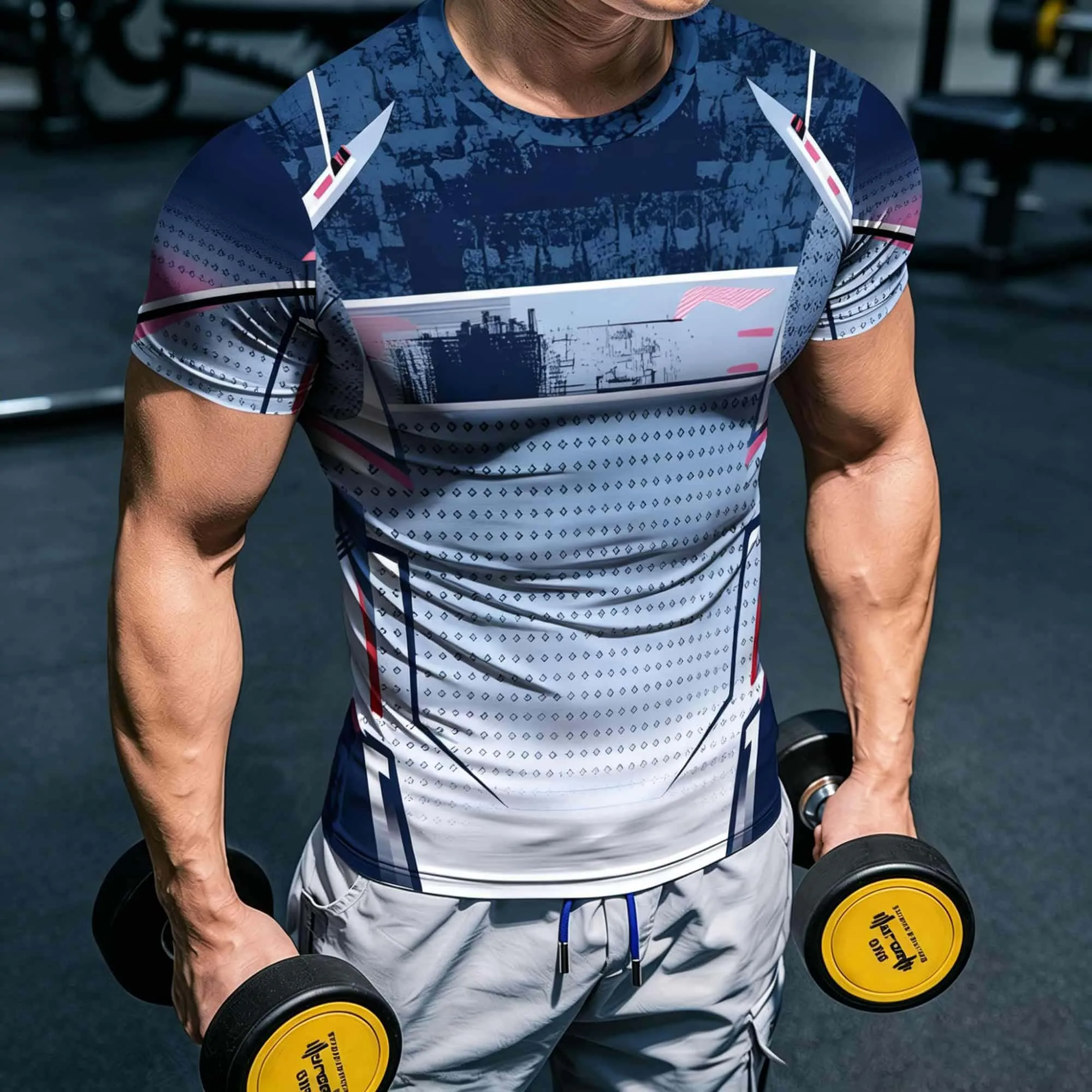 Techwear Gradient Navy Geometrisches Farbblockmuster Herren Slim Kurzarm-T-Shirt Atmungsaktiv Elastisch Gym Alltag Street AthleticShir