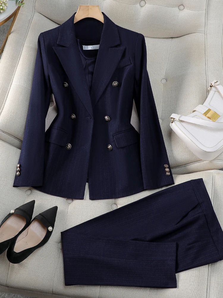 Women Pant Suit Office Ladies Female Business Work Wear 2 Piece Set Black Blue Striped Formal Blazer Jacket And Trouser