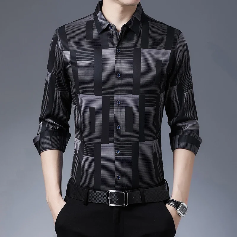 New Men's Casual Printed Long Sleeved Lapel Shirt for Spring and Autumn Fashion Comfortable Wrinkle Free Top Without Ironing