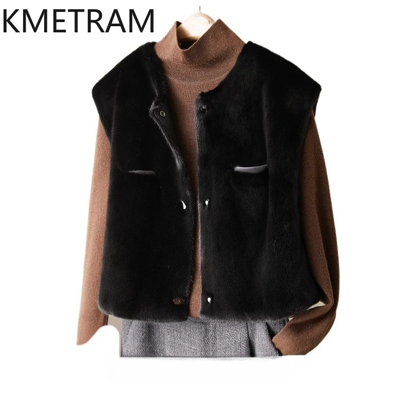 سترة KMETRAM 100% من المينك الطبيعي بالكامل باللون الأسود بدون أكمام معطف فرو حقيقي لشتاء 2025 قصير جديد في ملابس خارجية ملابس نسائية #1