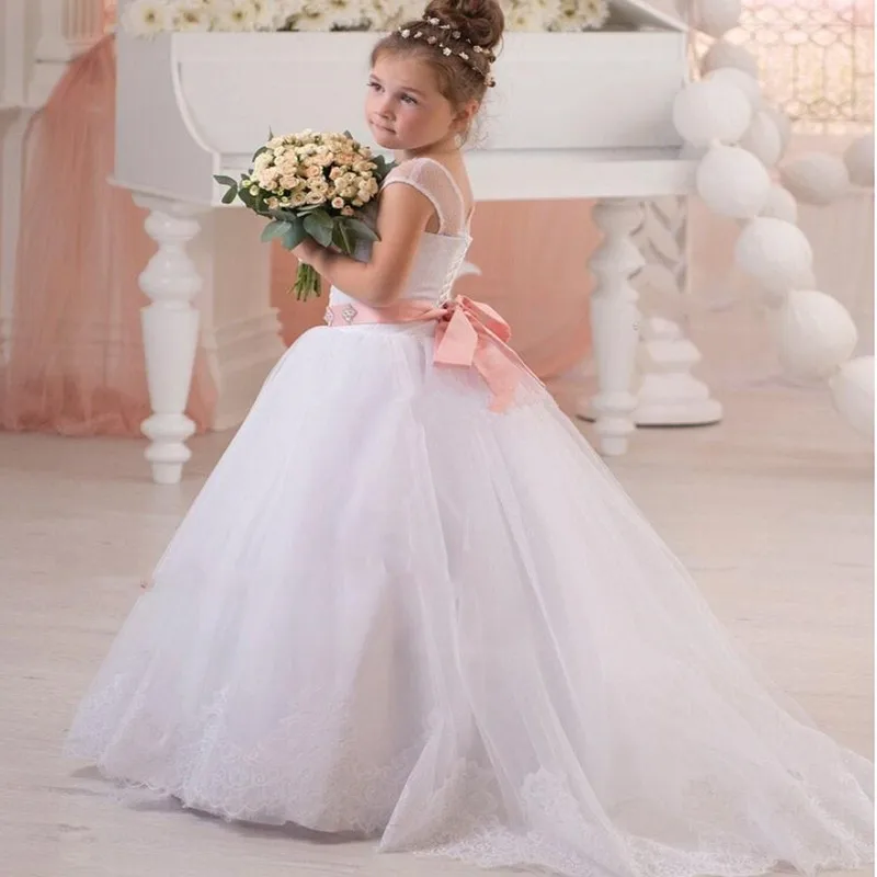 

Simple Lace Flower Girl Dresses For Wedding Pearl Tulle First Communion Princess Ball Gowns Birthday Customized Clothing