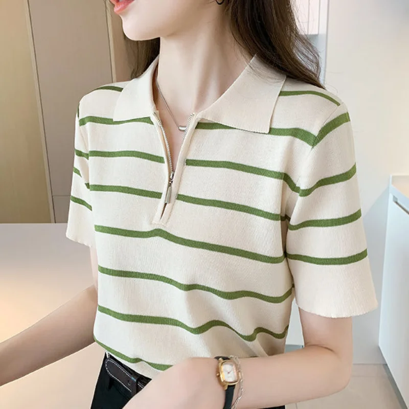 Summer Stripe Korean Fashion Casual Ice Silk Short Sleeved Polo Shirt Simple Temperament Women Lapel Zipper Loose Slim Thin Top