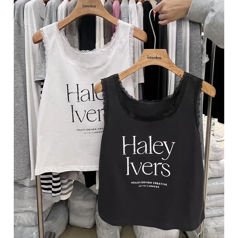 동다 여름 신상 레터 프린트 레이스 스플라이싱 슬림 스트랩 베스트 여성 패셔너블 다용도 레이스 트림 코르셋 탑