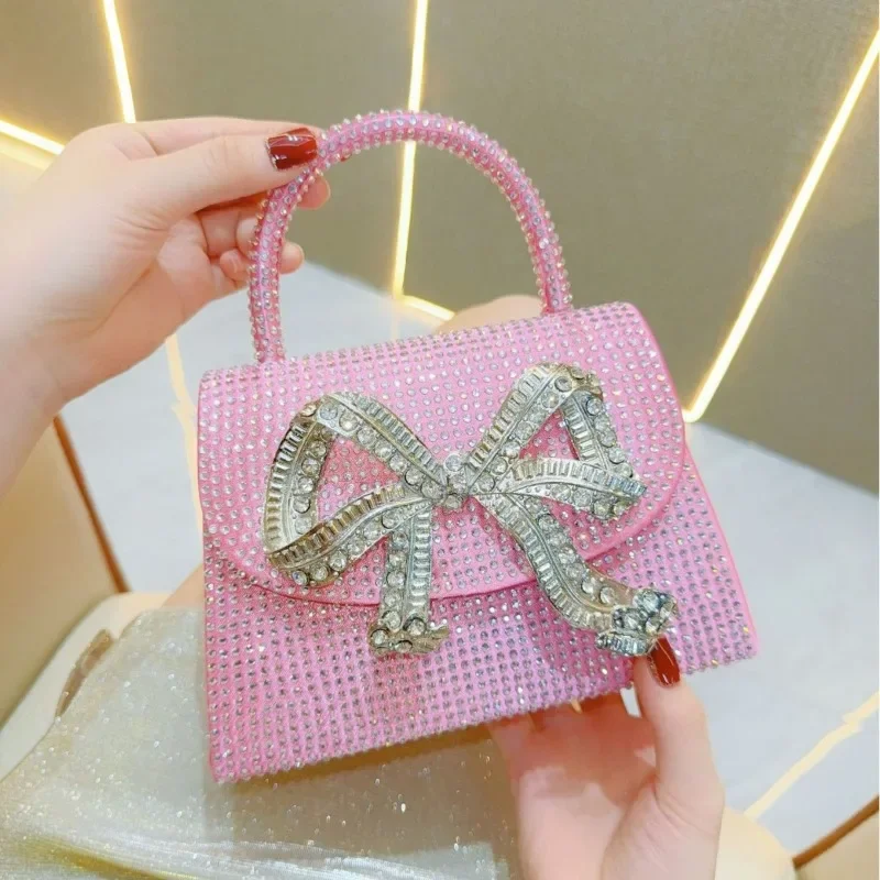 Fashion Socialite Banquet Bag for Women Blingbling Diamond Bowtie Evening Bag Sweet Top-handle Shoulder Chain Crossbody Bag Pink