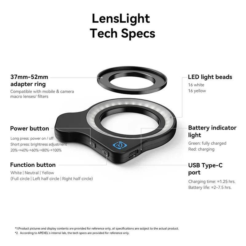 B68C Macro Lens Fill Light Ring Light 3 Colors 5 Levels 2700K-6500K 32LED Lamp Beads 45 Lighting Effect For 37Mm/52Mm Filter