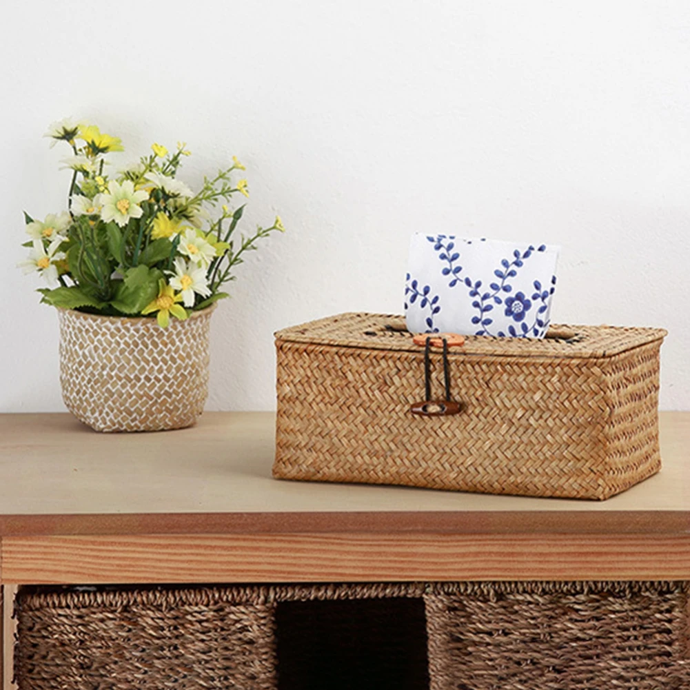 Rattan Wicker Woven Paper Storage Box Tissue Box Tissue Holder Napkin Cover Napkin Dispenser Square Seagrass Desktop Decor