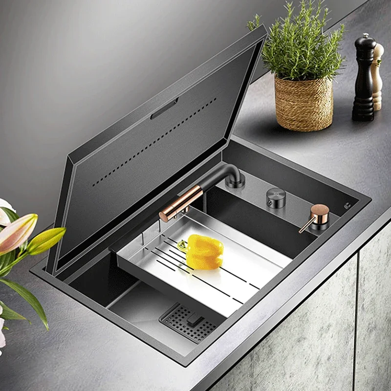 Nanometer Black Hidden kitchen Sink SUS 304 Stainless Steel 4mm Thickness Flip Cover Hidden Handmade kitchen Sinks