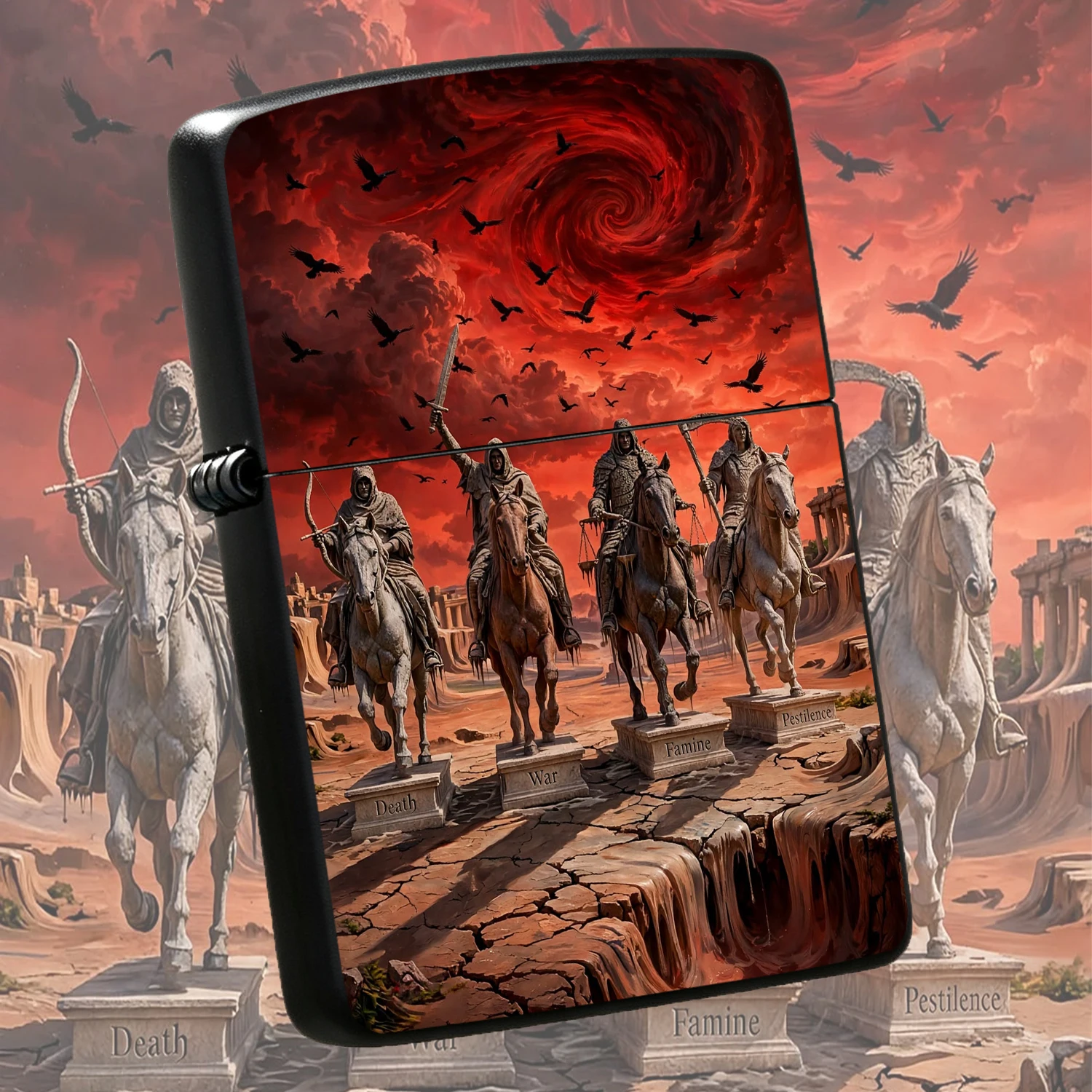 Four Horsemen Of Apocalypse Themed Lighter Red Sky Desert Ruins Art Design Full Scene Compatible Portable Unique Decorative Practical Accessory For Daily Use Gift Personalized Creative Stylish Souvenir For All Occasions A Humorous And Inter