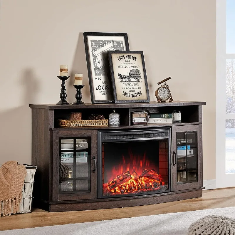 

59" Curved Fireplace TV Console, Open Shelves and Farmhouse Glass Door Media TV Cabinet Stand for TVs up to 65 Inches