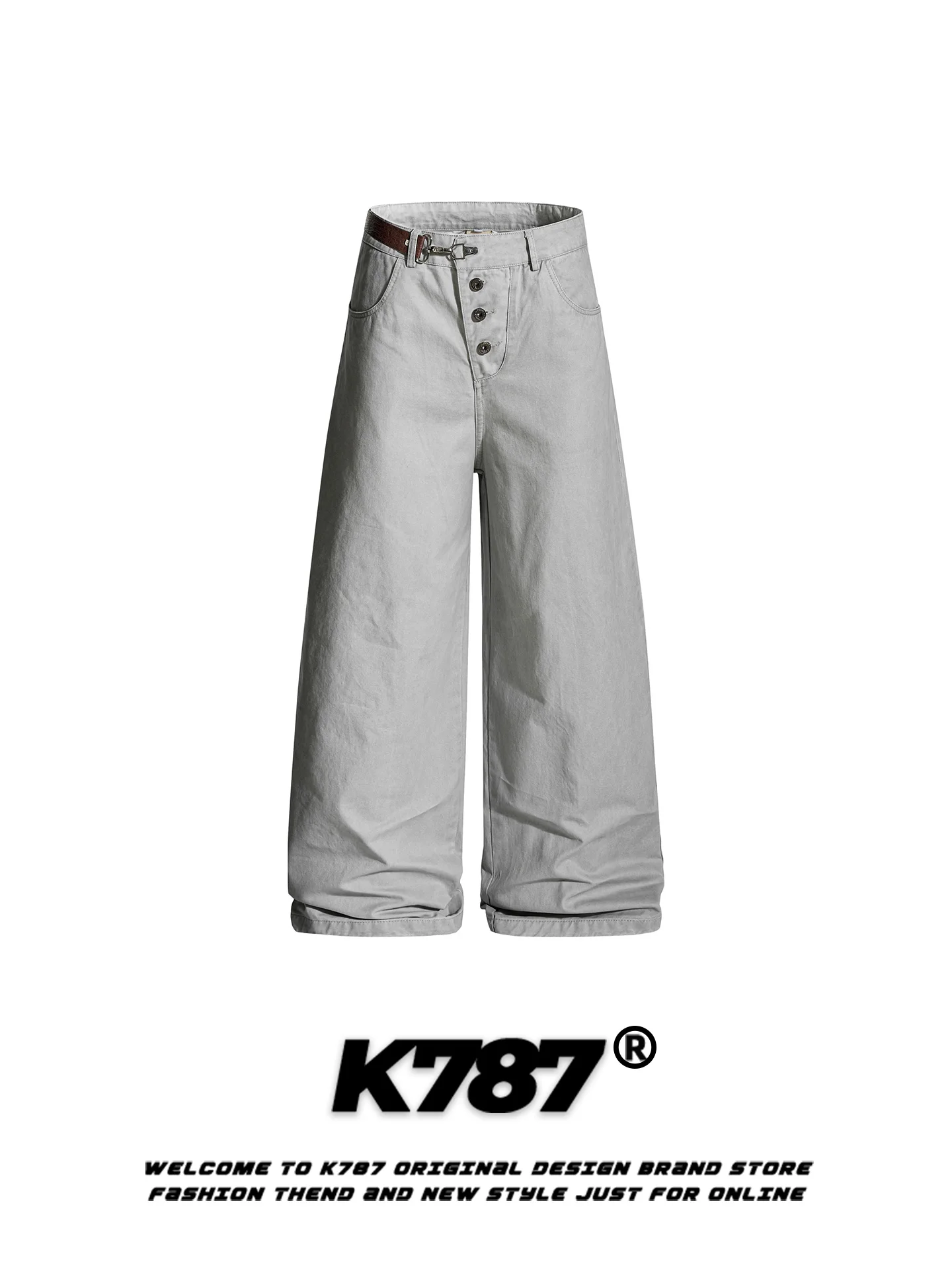

K787 American Retro High Waist Bell Bot Casual Pants Men Women Loose Fit CleanFit Floor Length Trousers Belt Design