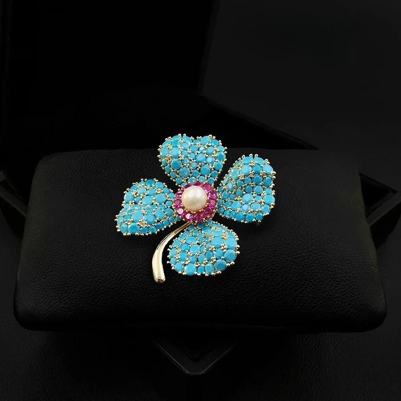 Blue Four Leaf Clover Brooch for Women Ethnic Vintage Bohemian Pearl Lapel Pin Luxury Elegant Suit Coat Nice Gift Accessory 1877