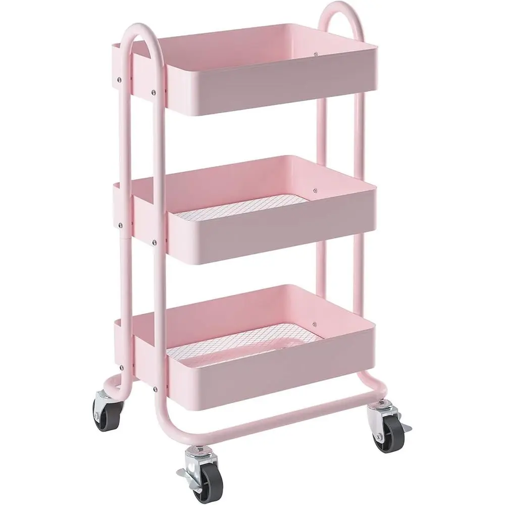 

Metal Rolling Cart,3-Tier Pink Rolling Cart with Wheels,Metal Utility Cart with Wheels or Oice,Home,Kitchen,Garden（13.4"x18.1"x3