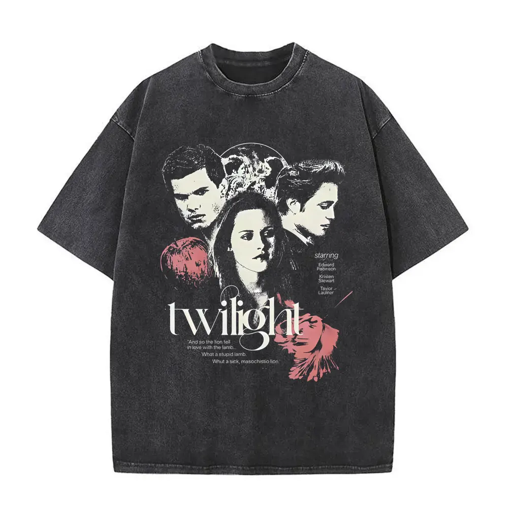 

Twilight Saga Vampire Robert Pattinson Edward Cullen and Bella Jacob Black Washed Vintage T-shirts Men Casual Oversized T Shirts