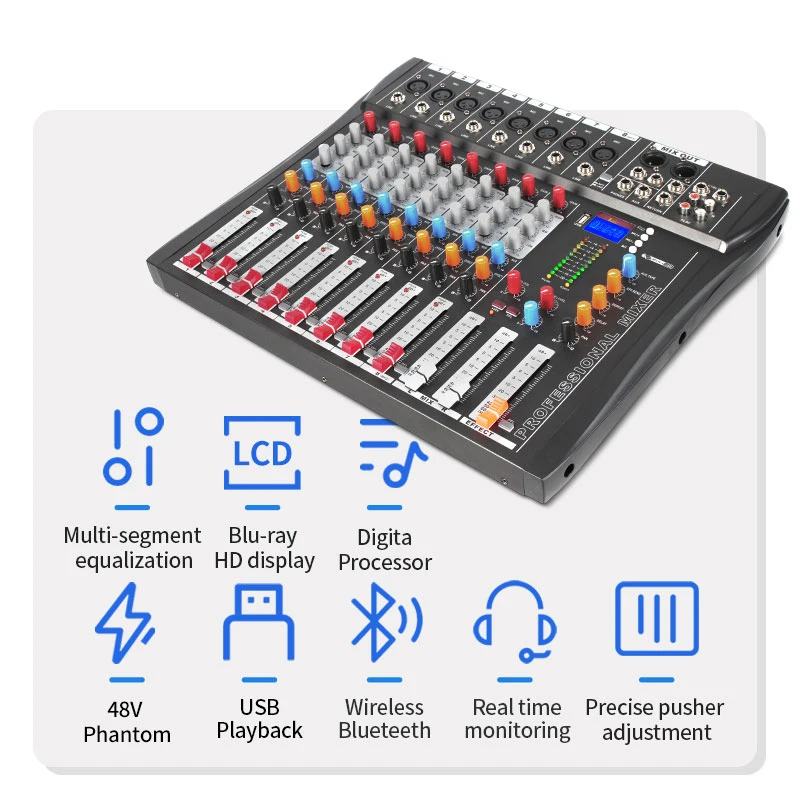 8 Channel Professional DJ Audio Mixer Console Digital Stage Sound Equipment with Fader Controller Computer USB  Recording Church