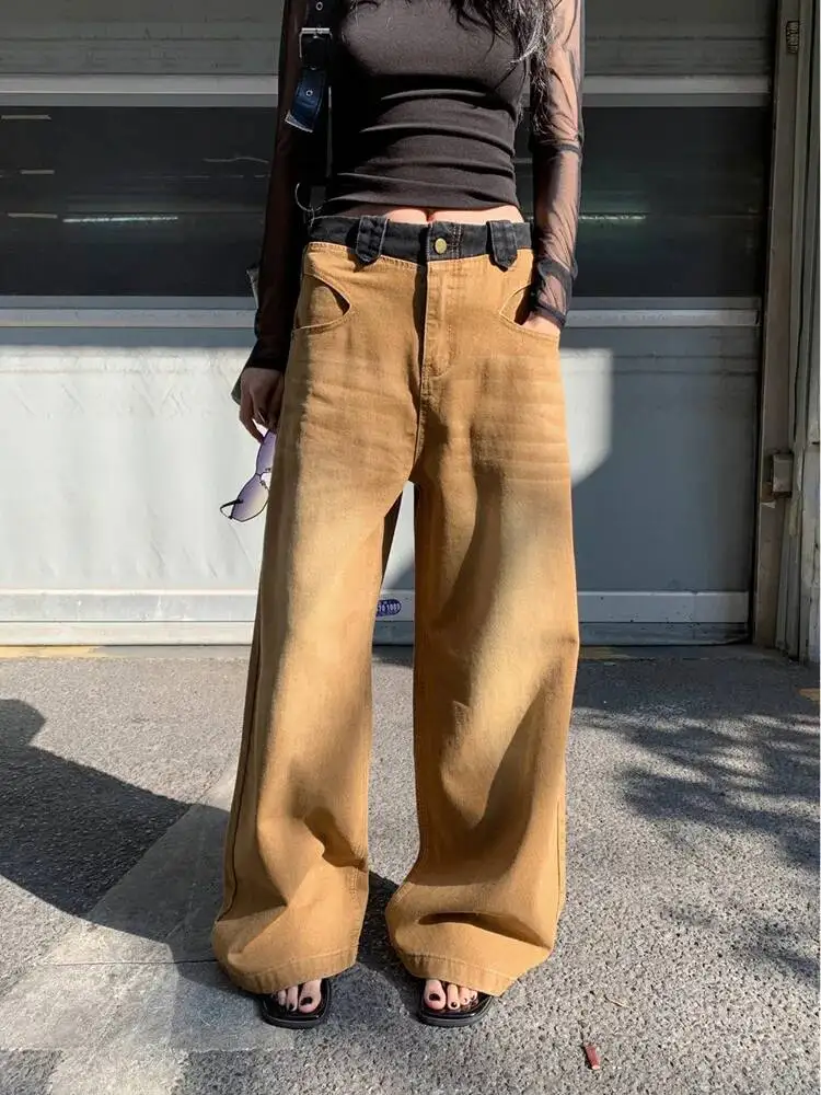 Fashion Khaki Scratch Wide Leg Jeans Women's Loose Denim Long Pants Spring Summer New 7OE08