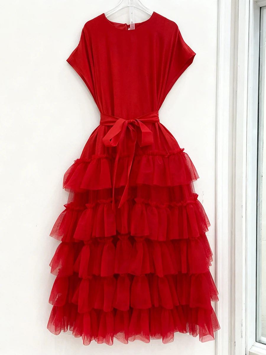 Vgh casual doce emendado em camadas malha bolo vestido para mulheres o pescoço sem mangas fino emendado rendas até vestidos puff feminino verão novo