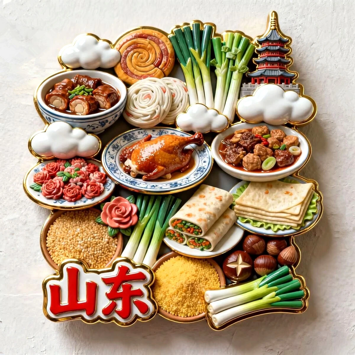 Shandong Pancakes, Scallions,  Millet, China 3D Metal Fridge Magnets Tourism Souvenirs Refrigerator Magnetic Stickers