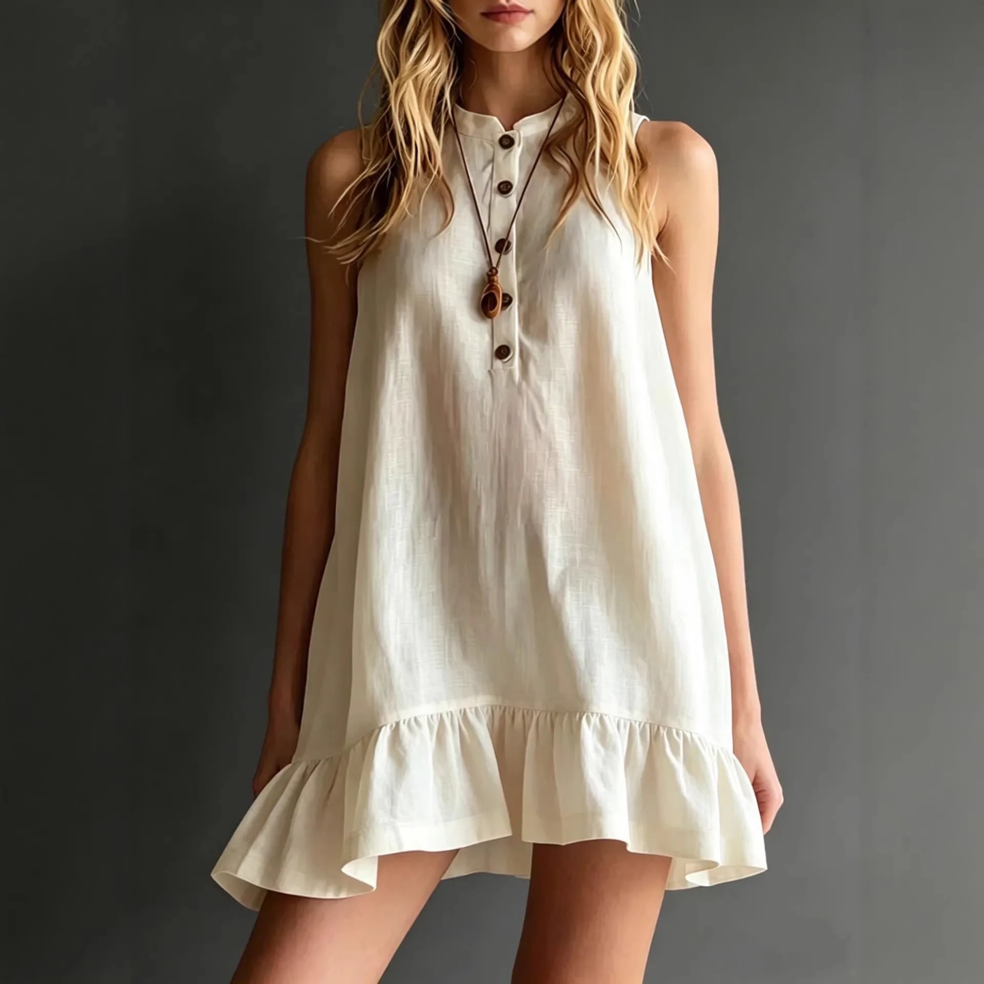 New Women's Dress V-neck High Waist 7-quarter Sleeves Solid Color Simple Fashion Versatile Holiday Beach Long Dress for Female