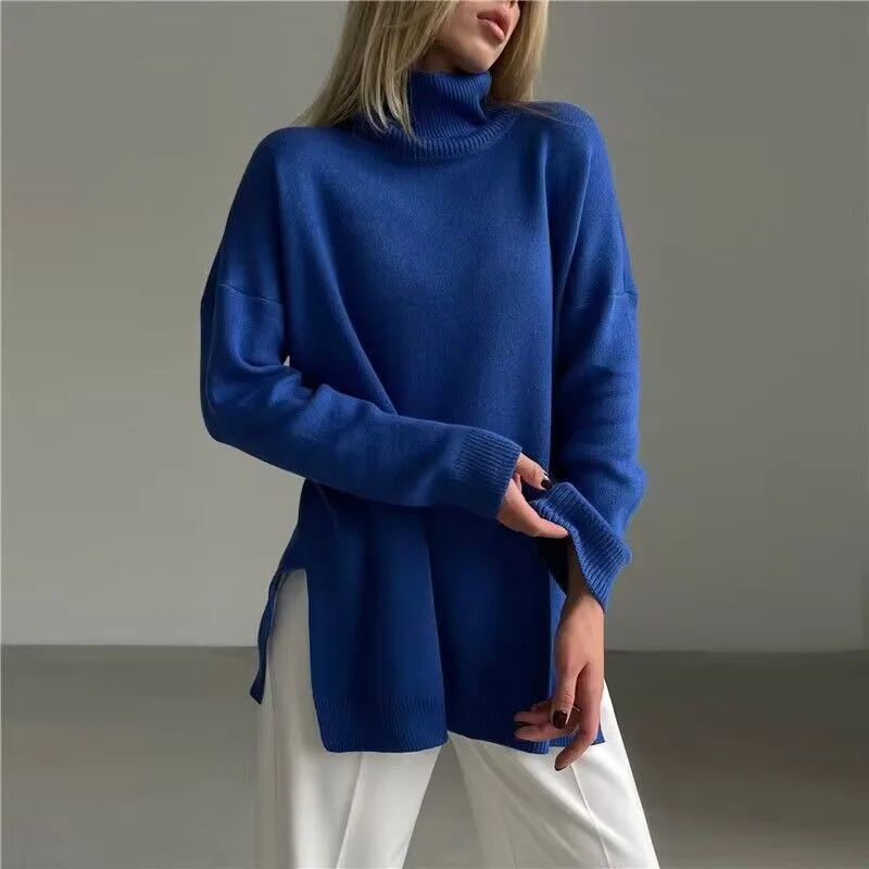 Women's Knit Turtleneck Side Split Long Sleeve Pullover Autumn Winter Fashion Casual Loose Solid Color Sweater
