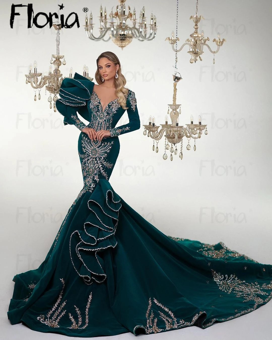 Floria Long Sleeve Mermaid Prom Dresses Embroidery Vestidos De Gala Duabi Women Formal Occasion Dresses Heavy Beading فساتبن سهر