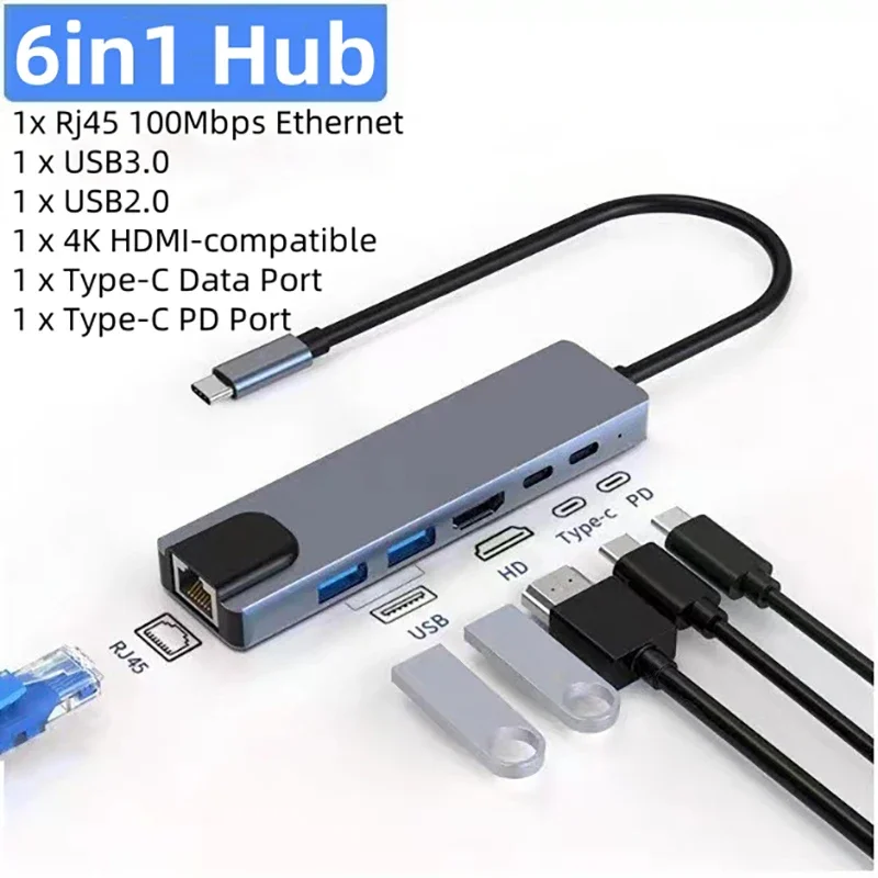 6 in 1 USB C HUB Type-C 3.1 to 4K HDTV USB 3.0 2.0 100Mbps RJ45 Ethernet Adapter PD Charging Compatible with Thunderbolt3 Laptop