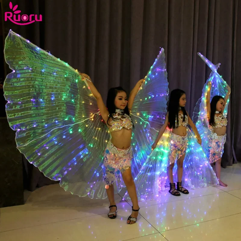 Ruoru Children Led Isis Wings Carnival Led Cape White Rainbow Kids Led Wings Belly Dance Butterfly Girls Dance Wings with Stick