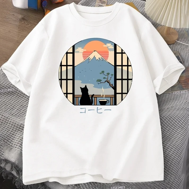 Camiseta Fuji Mountain Cat Cafe Camiseta De Manga Corta Con Cuello Redondo Para Mujer Camiseta Estampada De Estilo Japonés