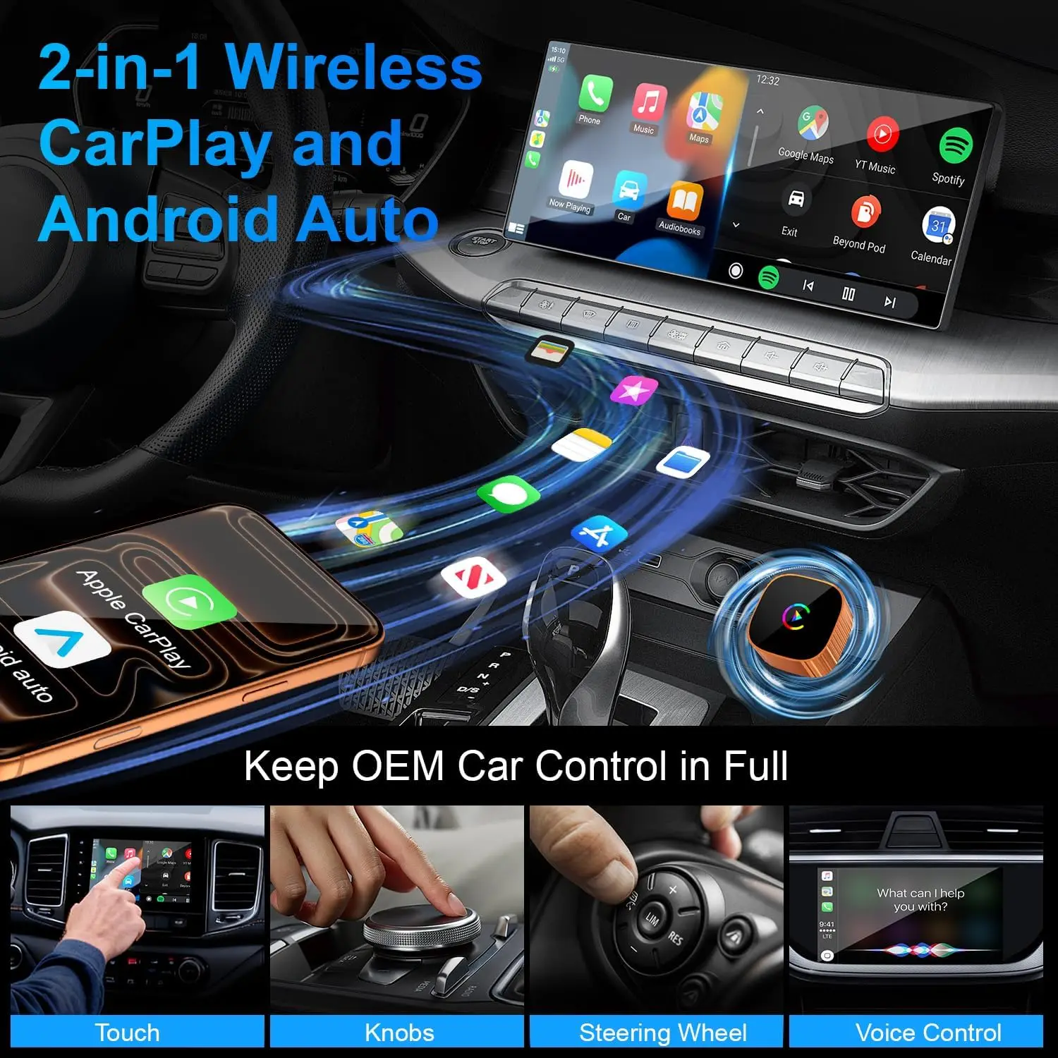 2026 Upgrade 2-in-1 Wireless CarPlay For IPhone & Android Auto, Converts Wired To Wireless CarPlay, Faster & Stable Connection,