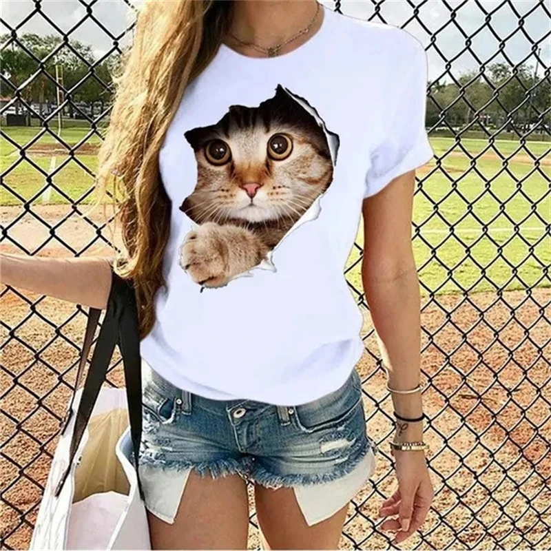 

Summer Casual T Shirt Women Cute Cat 3D Printed T-shirt 90s Vintage Clothes Short Sleeve O Neck Tops Shirts Graphic Tee Female