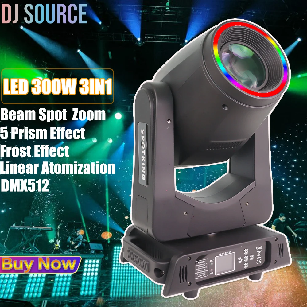 

LED 300W Beam Sopt Wash 3IN1 Moving Head Light With Ring 5 Prism Focus Frost Stage Lights DMX512 For DJ Disco Show Stage Effect
