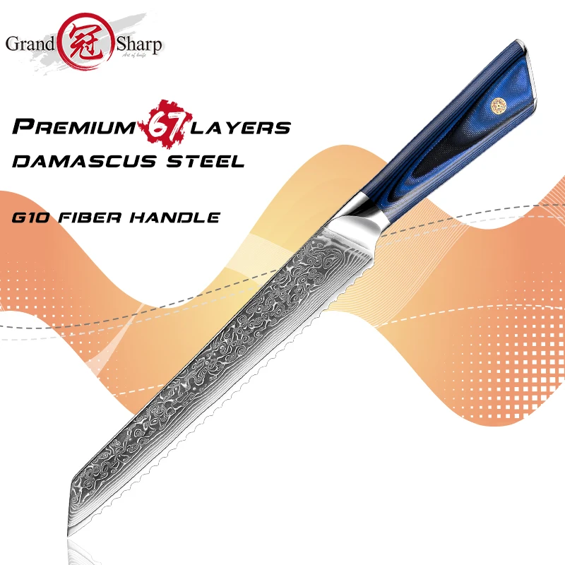 Grandsharp Kitchen Bread Knife 8 Inch Serrated Bread Knives Damascus Steel Slicing Knife For Loaf Toast Damper Baking Knives