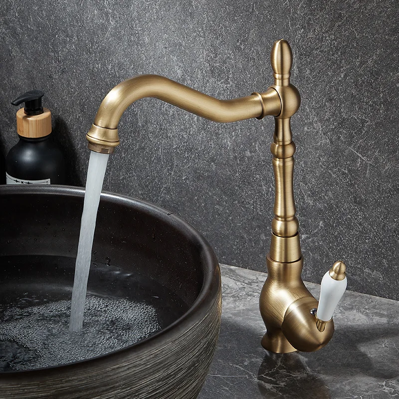 Antique Brass Basin Faucet 360 Degree Turn Bathroom Basin Faucet Cold And Hot Water Mixer Tap Single Handle Bathroom Sink Tap