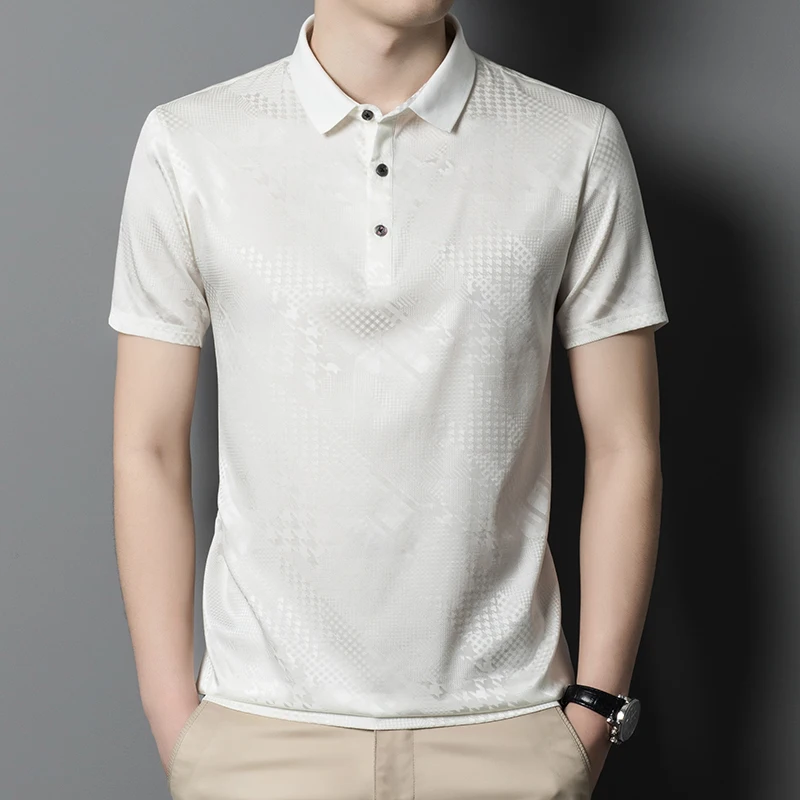 Silk Blends Jacquard High-End Polo Shirts For Men Short Sleeve Summer Quality Coolness Skin-Friendly Exquisite Camisas De Hombre