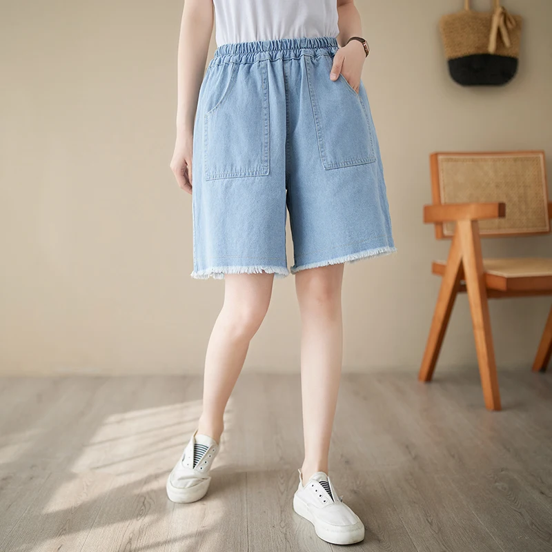 2023 Casual Summer Jeans Shorts Women Loose Big Size Wide Leg Bermudas Denim Shorts High Elastic Waist Pocket Burrs Short Femme