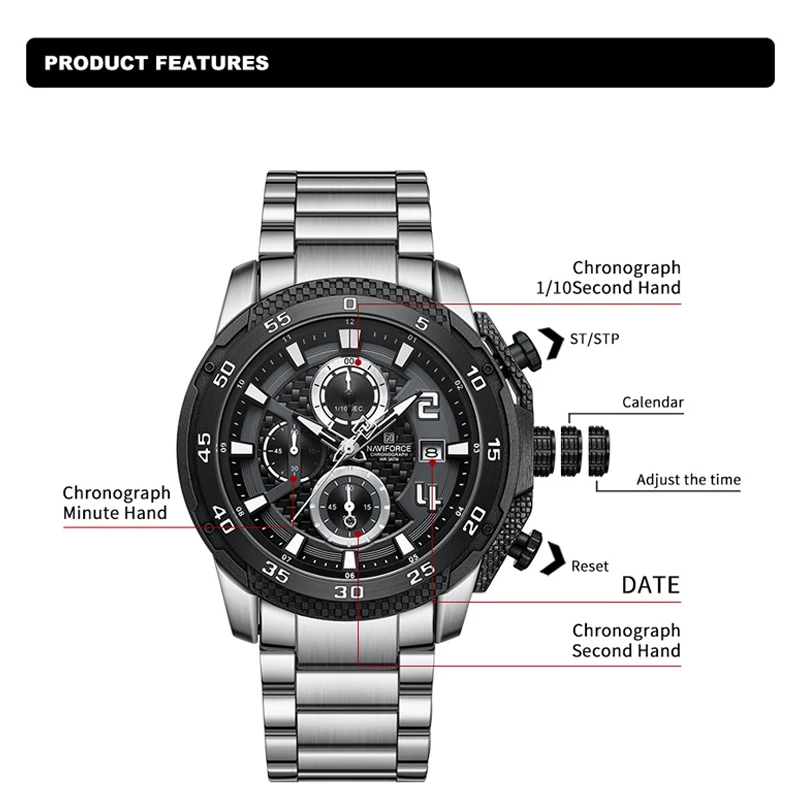 NAVIFORCE Men High Quality Fashion Steel Stainless Band Quartz Chronograph With Date Display Watches Gift Relogio Masculino 2024