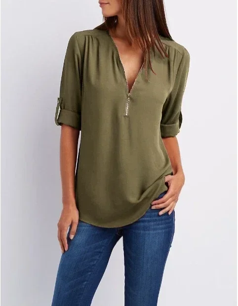 Summer Women Cool Loose Shirt Deep V Neck Chiffon Blouse Casual Ladies Tops Sexy Zipper Pullover Plus Size Long Sleeve Fashion