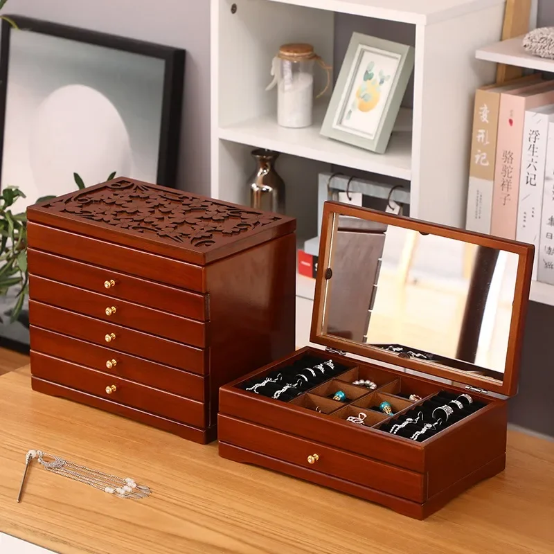 Big Size Wood Jewelry Storage Box Drawer Ring Necklace Jewelry Boxes Organizer Case Earrings Display Bangles Tray Accessories