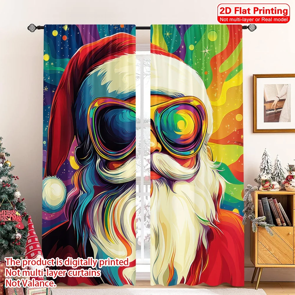 

2pcs 2D flat printing Merry Christmas Window Drapes Christmas and Santa Claus Fashion Fabric Without Electricity Festive Wall