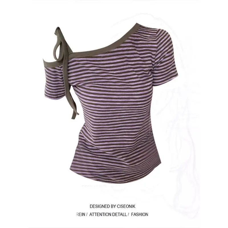

Lacing Striped Off Shoulder Y2K Tops Tees Summer New Short Sleeve Slim All-match Sexy T Shirts Fashion Casual Women Clothing