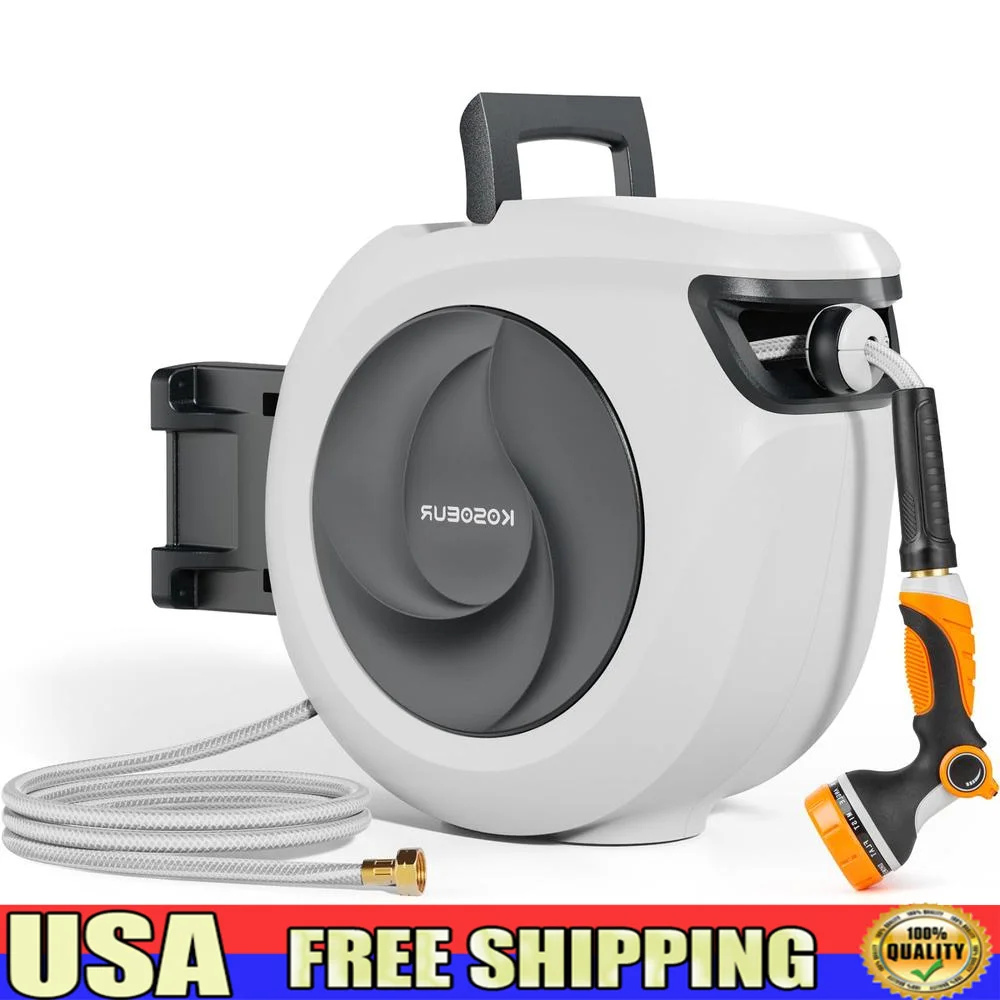 Retractable Garden Hose Reel 100ft Wall Mount Water Hose Reel with 10 Pattern Nozzle Leak-Proof Hose Reel Kit 180° Rotating