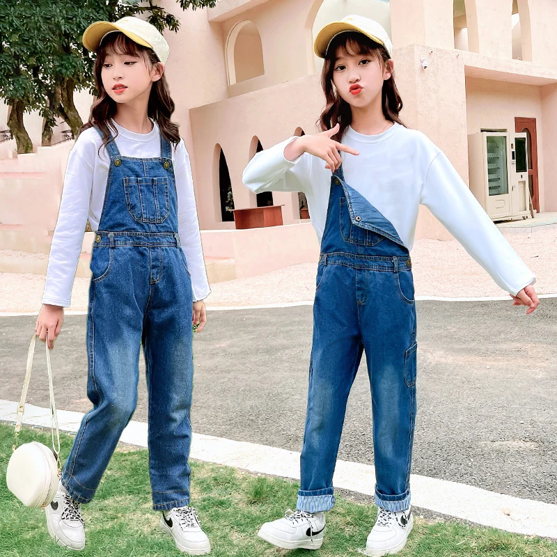 Kids Denim Overalls for Teenagers Spring Jeans Dungarees Girls Pocket Jumpsuit Children Boys Pants For Age 4 5 7 9 11 13 Years