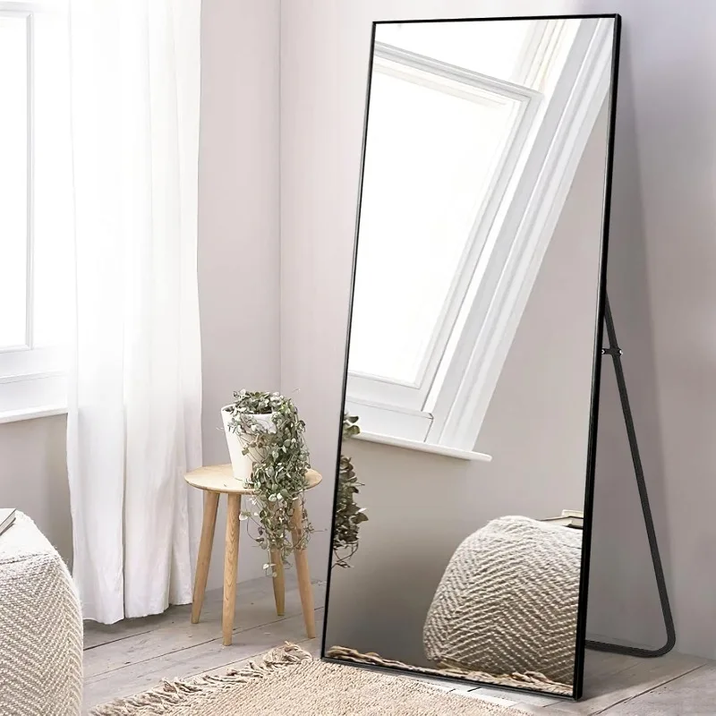 Miroir de sol pleine longueur avec support, cadre en alliage d'aluminium, grand miroir de chambre, autoportant ou mural, 64 po x 21 po