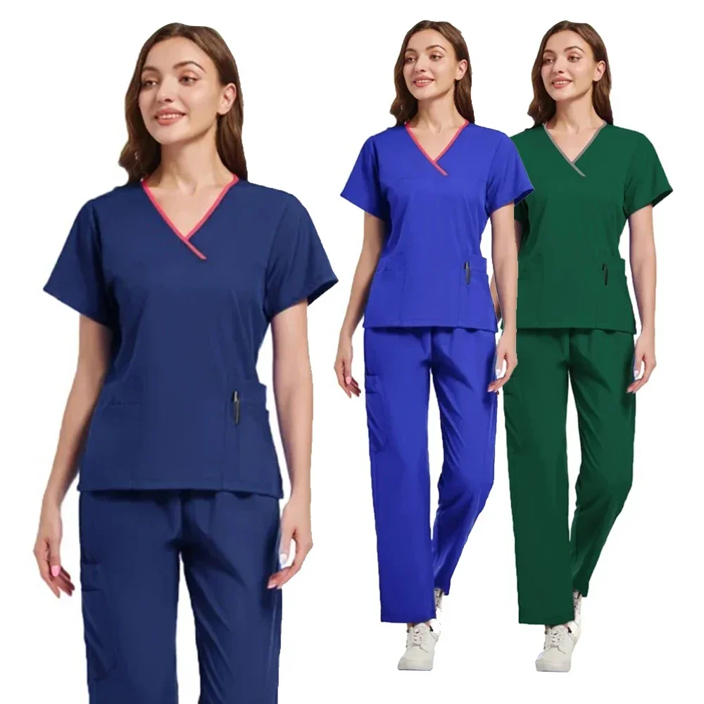 Anti-Wrinkle Premium Fabric Clinical Uniforms Washable Nurse Uniforms Medical Scrubs Sets Surgical Blouse Pockets Straight Pants