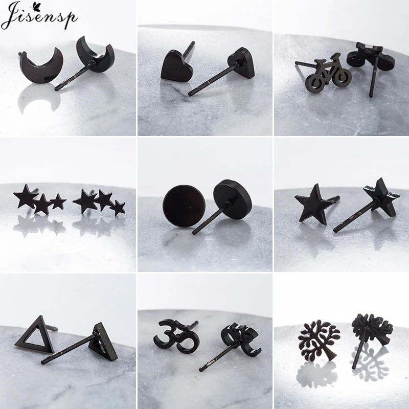 Multiple Black Stainless Steel Earrings Women Men Geometric Star Moon Round Triangle Heart Ear Studs Unisex Jewelry Accessories