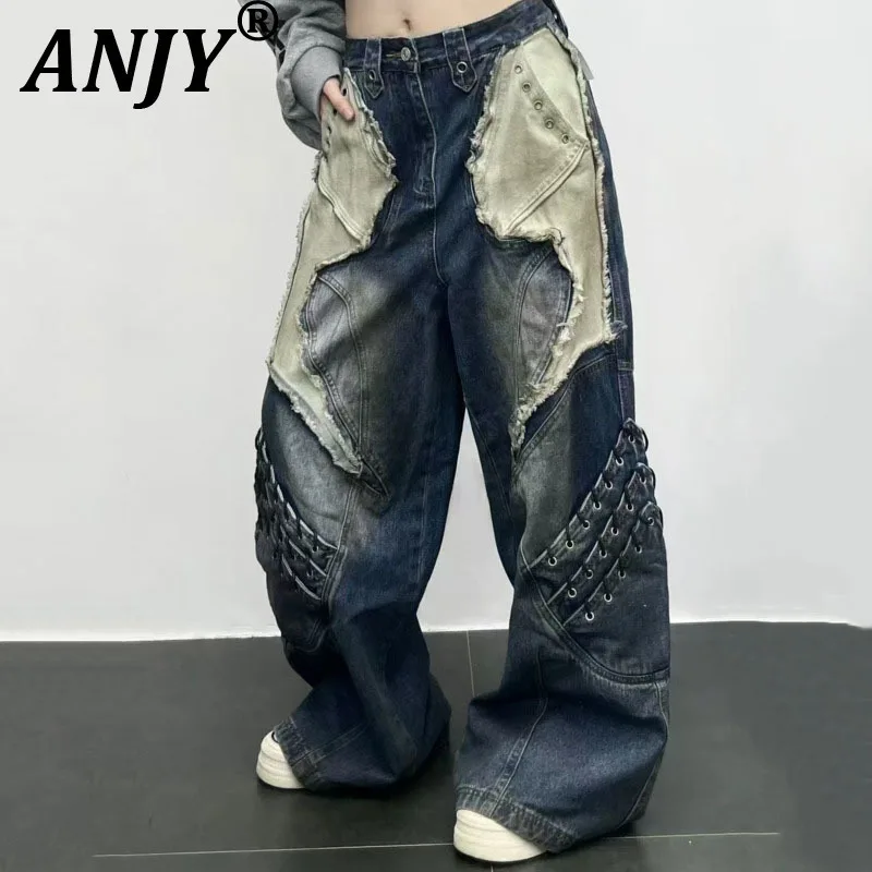 

ANJY, осенние новые женские американские тяжелые промышленные лоскутные потертые джинсы, модные потертые широкие джинсовые брюки-карго с ремешками A12735
