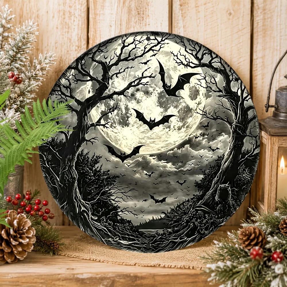 2D Flat, 2D Flat, 1pc Wall Decor Round Metal Sign 20X20Cm, Black White Halloween Moon Bat Dead Tree, Vintage Gothic Spooky Fores
