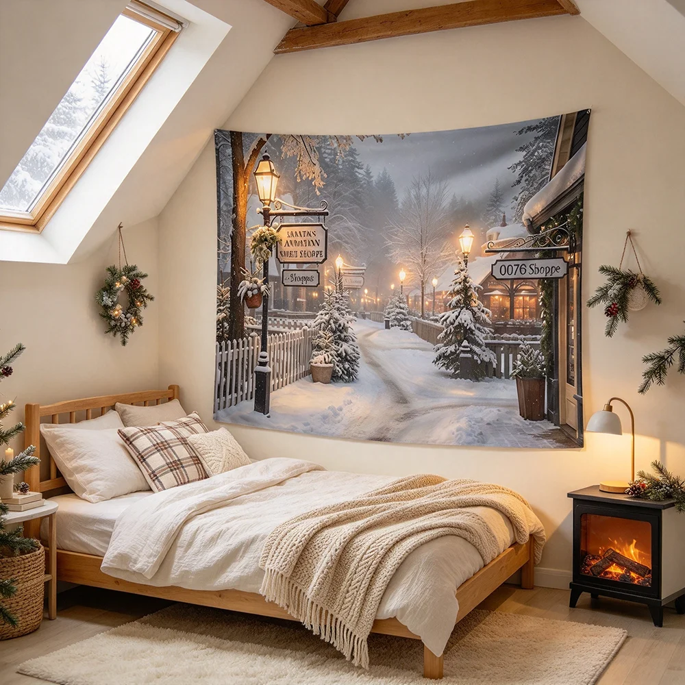 1PCS Tapestry, Snowy Street Lamppost Santa Shoppe Sign Fence Scene, Holiday Party Decoration for Home Studio Wall