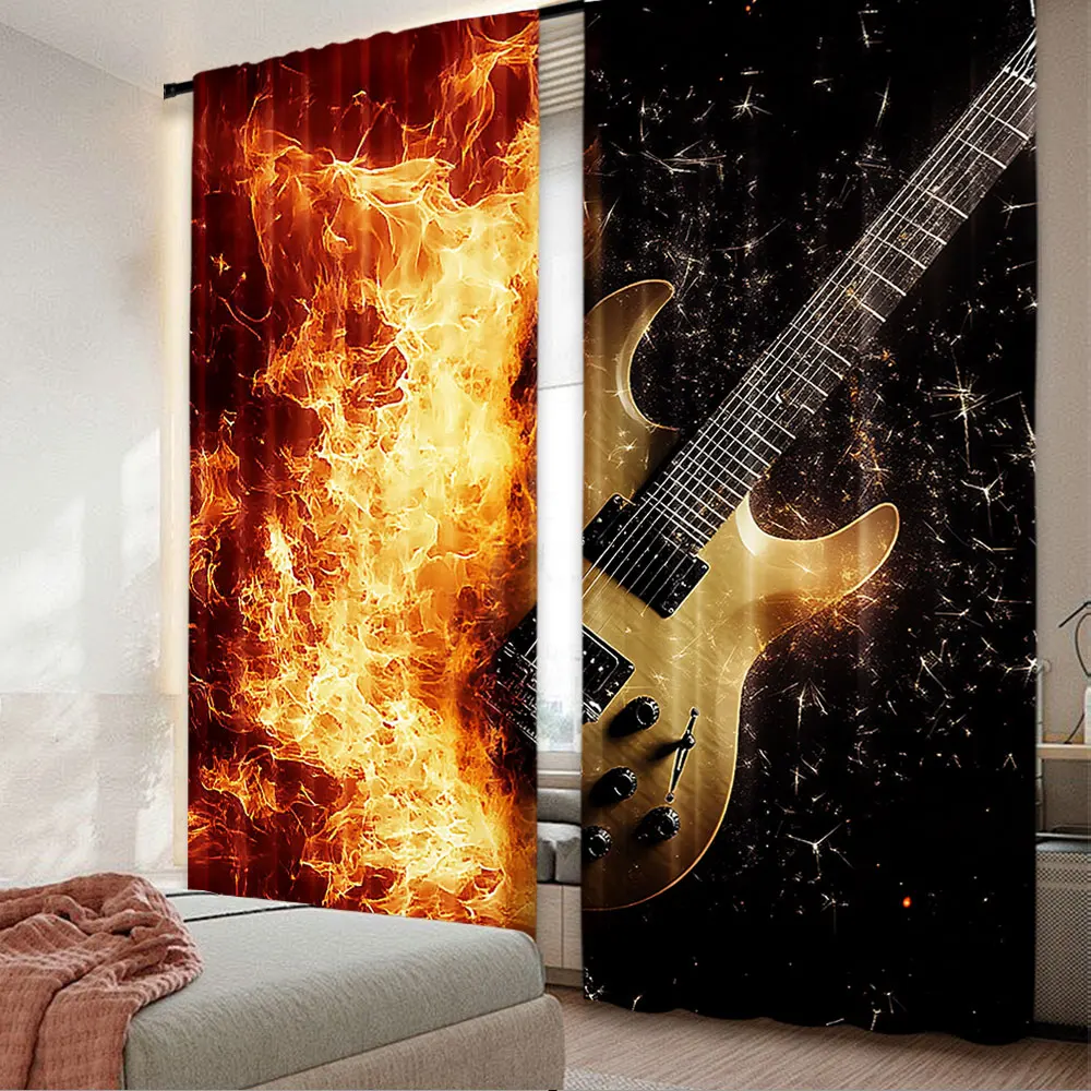 

2Pcs Guitar Curtains Rock Music Hip Hop Hippie Flame Guitar Suitable For Bedroom Living Room Dining Room And Bathroom